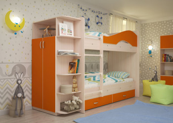 Кровать Мая двухъярусная с ящиками и шкафом Млечный дуб/Оранжевый в Вьюнах - vyuny.mebel54.com | фото