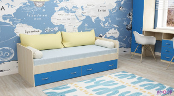Кровать с выкатными ящиками Дуб молочный/Голубой в Вьюнах - vyuny.mebel54.com | фото