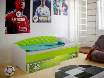 Кровать Софа-8 с мягкой спинкой фотопечать Футбол (900х1900) Белый/Лайм в Вьюнах - vyuny.mebel54.com | фото