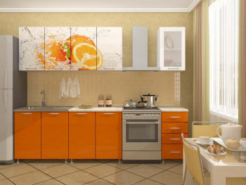 Кухонный гарнитур 1,6м Апельсин (Белый/Оранжевый металлик/Фотопечать апельсин) в Вьюнах - vyuny.mebel54.com | фото